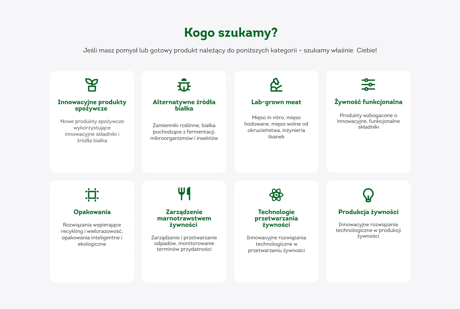 Sekcja kategorii i obszarów programu Foodtech Lab