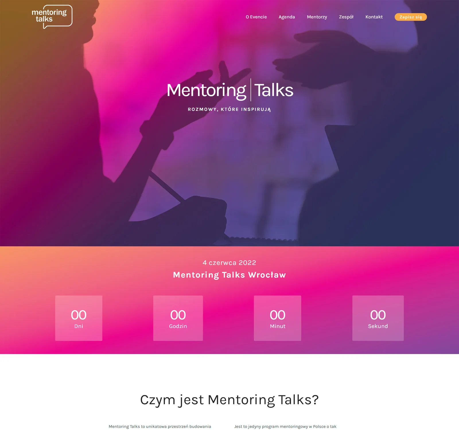 Górna część landing page Mentoring Talks